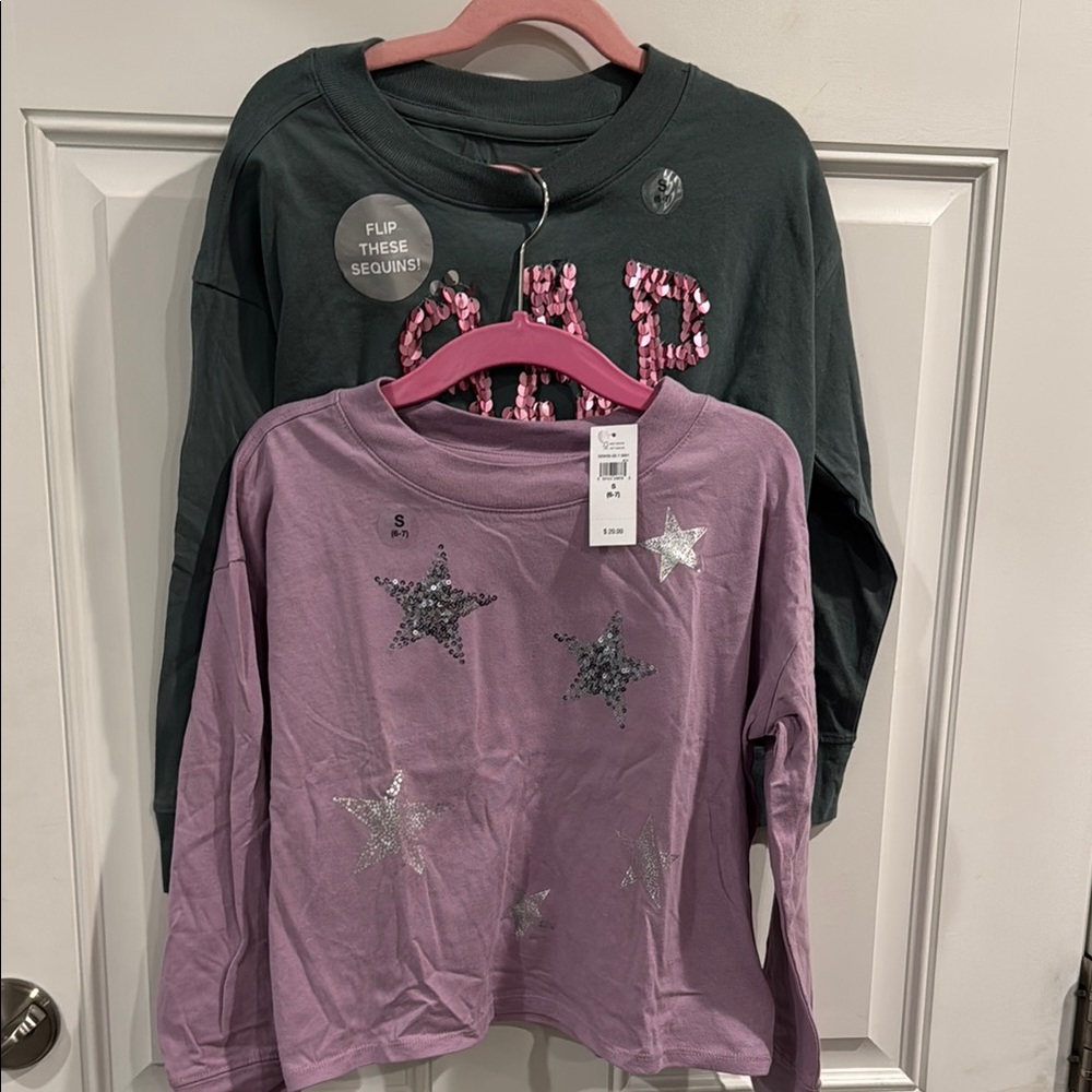 NWT Gap Set of 2 Kids' Starry and Flip Sequin Long Sleeve Tops - Green & Purple